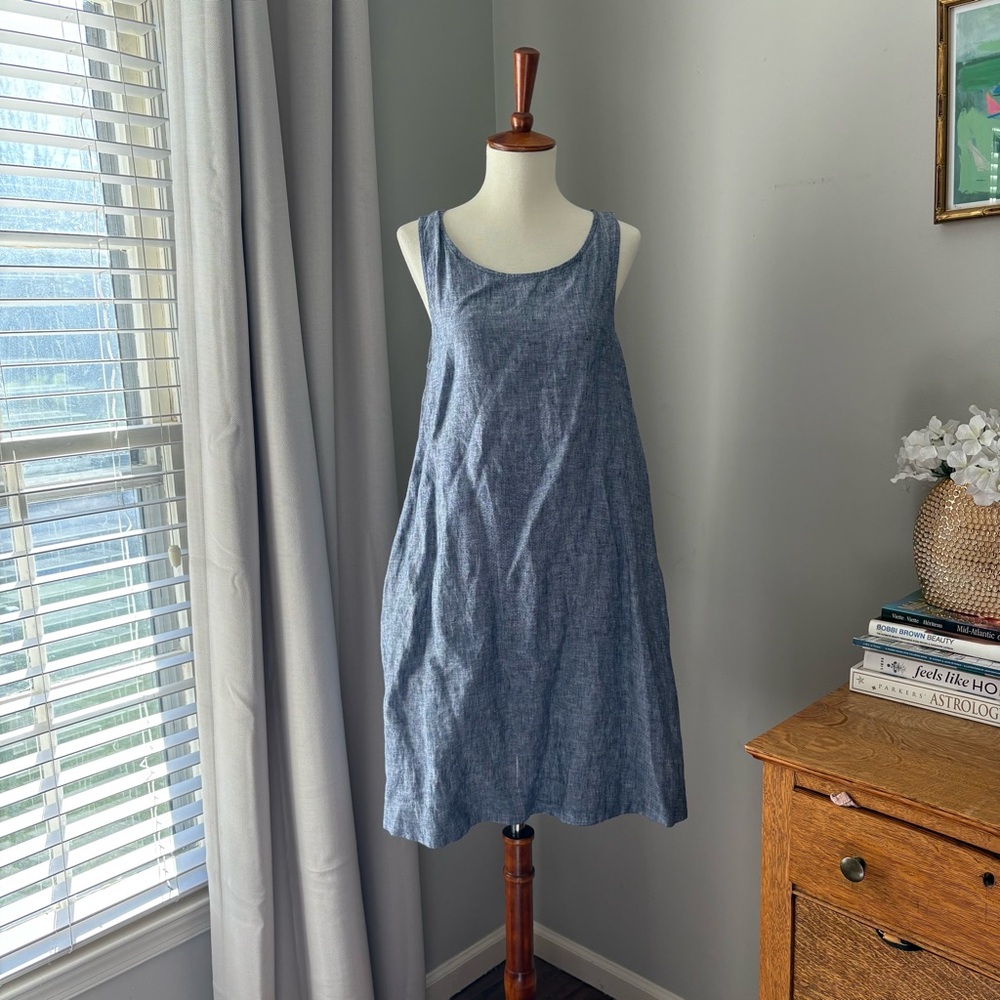Blue Sleeveless Women's Dress Linen Pocket S Small